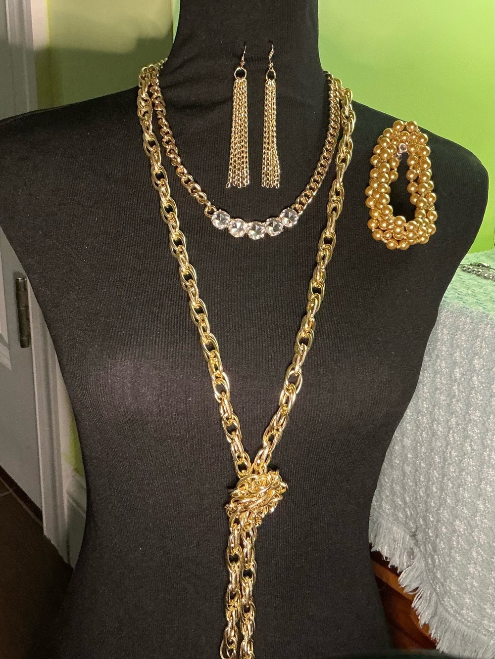 4-Piece Multi-Chain Crystal Necklace Set Tassel Earrings and Beaded Bracelet